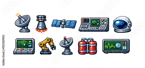 Space exploration icon set. Pixel art style icons for satellites, rockets, and space tech.