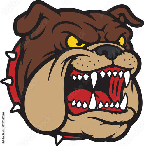 Aggressive Bulldog Mascot, a cartoon illustration of a snarling brown bulldog with a spiked red collar and bared teeth.