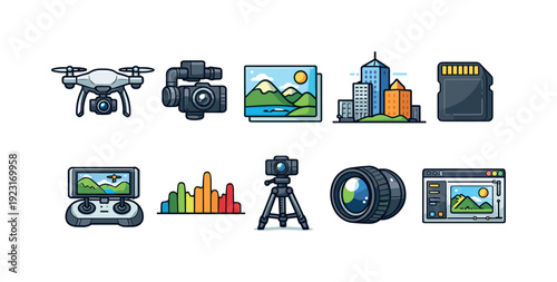 Photography and camera icon set. Flat style icons for photo and video equipment