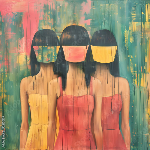 Abstract Painting of Three Women in Colorful Dresses