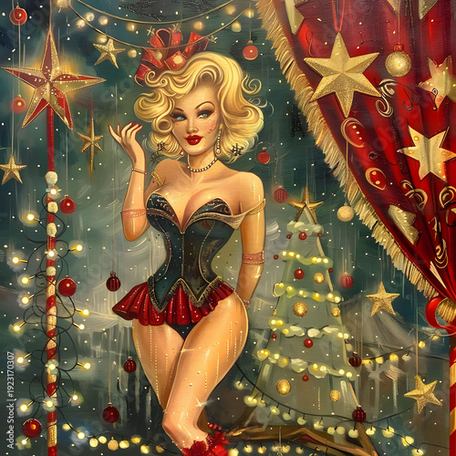 Vintage Christmas Pin Up Girl Holiday Illustration