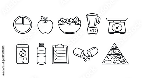 Health and nutrition outline icon set: diet, fitness, wellness, food, exercise symbols