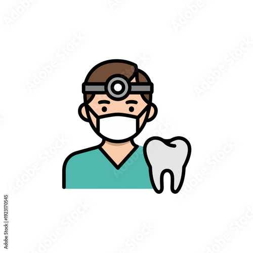 A dentist wearing a face mask and headlight holding a tooth