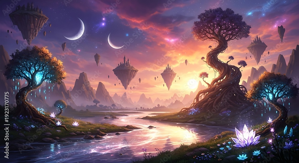 Obraz premium Fantasy Landscape with Glowing Trees and Moons.