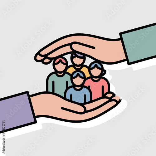 A protective hand shielding a group of people in a colorful, minimalist vector illustration