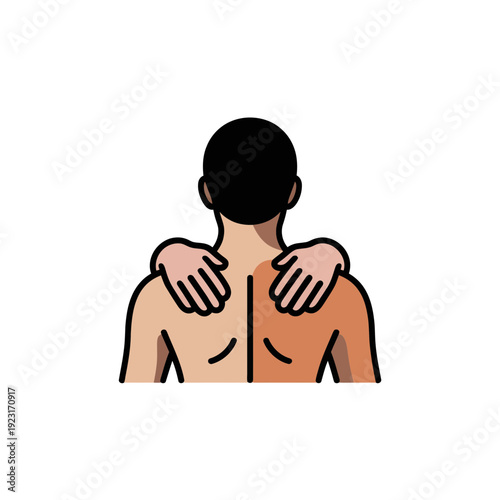 A man with his hands on his shoulders, illustrating a self-massage technique for relaxation and muscle relief.