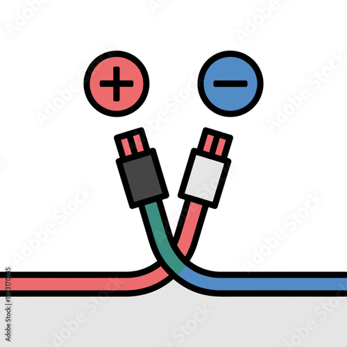 A vector graphic illustration of a cable with positive and negative polarity symbols