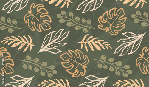 Tropical Leaves background. Boho Monstera leaves seamless pattern. Abstract hand drawn leaves pattern. Freehand botanical vintage pattern. Scribble nature naive design.