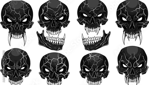 Dark cracked skull silhouette collection with sharp fangs isolated black vector illustration for horror, Halloween decoration, gothic tattoo and sinister design concept