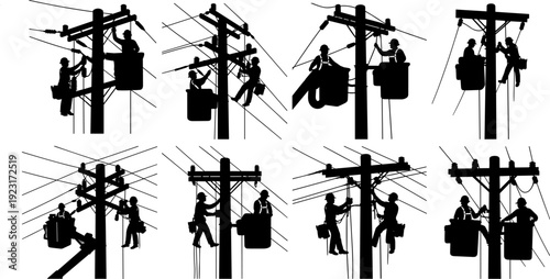 Electric linemen repairing power lines silhouette collection, utility workers on poles maintaining overhead cables, electrical infrastructure maintenance concept isolated black vector illustration