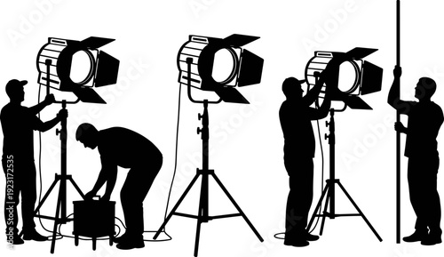 Film crew lighting equipment silhouettes with studio spotlights and technicians isolated black vector illustration for movie production, cinema and media industry design
