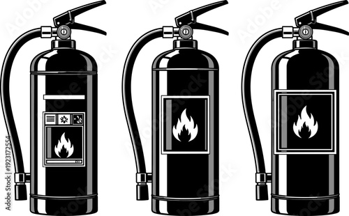 Fire extinguisher silhouette set with different safety labels isolated black vector illustration for fire protection and emergency equipment design