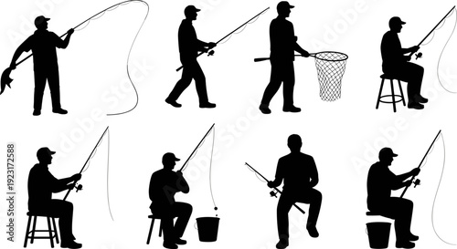 Fishing angler silhouettes collection featuring man with rod, net, bucket and stool, recreational sport activity, black vector illustration isolated on light background