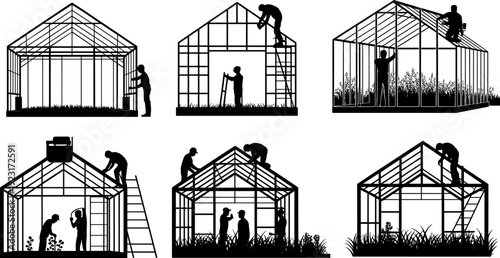 Greenhouse construction silhouette collection featuring workers assembling glass house frame, agricultural gardening structure, black vector illustration isolated on light background