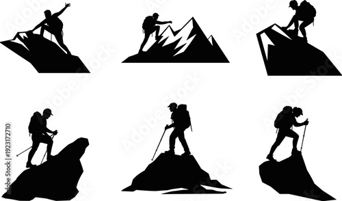 Mountain hiking and climbing silhouettes featuring backpacker reaching summit peaks, outdoor adventure and trekking concept, black vector illustration isolated on light background