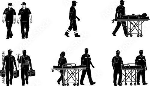 Paramedic and emergency medical technician silhouettes transporting patient on stretcher with equipment isolated black vector illustration set for ambulance healthcare services