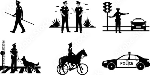 Police officers silhouettes set featuring traffic control, patrol car, K9 unit, mounted patrol and street security scenes vector illustration isolated on white