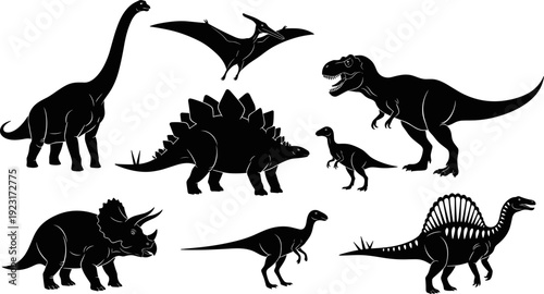 Prehistoric dinosaur silhouettes including Tyrannosaurus Rex, Triceratops, Stegosaurus and Pterodactyl isolated black vector illustration for Jurassic era and paleontology design