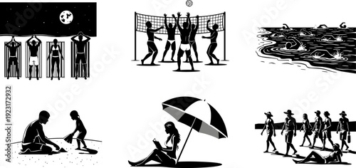 Summer beach lifestyle silhouettes featuring volleyball, swimming, sand play and relaxing under umbrella at night seaside isolated vector illustration collection