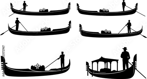 Venetian gondola silhouette collection with gondolier rowing traditional boat, Italian canal transport, black vector illustration isolated on light background