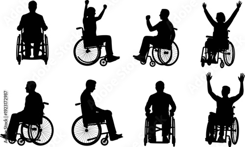Wheelchair user silhouette set celebrating success and independence, disabled person mobility and inclusion concept, black vector illustration isolated on light background