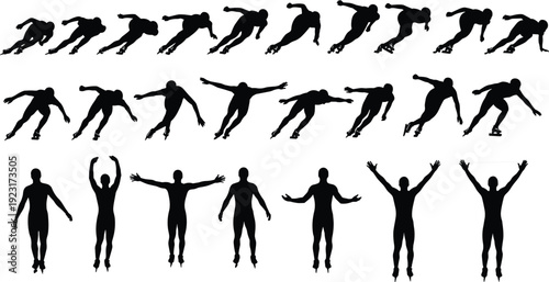 Black Silhouette Set of Speed Skaters in Motion Ice Skating Athletes Racing and Celebrating Success for Winter Sports Competition and Professional Athlete Vector Graphics