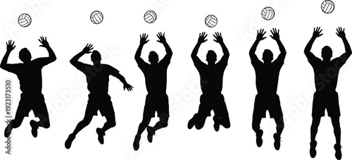 Black Silhouette Set of Volleyball Players Jumping to Hit and Set Ball for Team Sports Competition Activity Action and Athletic Performance Isolated Vector Illustration