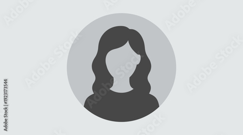 Flat female profile avatar icon with wavy hair in circle on grey background, ideal for business user interface, corporate employee dashboard and online account management systems