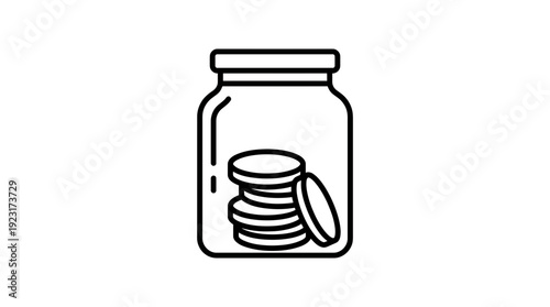 minimalist black line icon of a glass savings jar filled with stacks of coins on white background, ideal for financial planning apps, investment materials and banking graphics