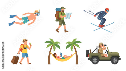 Diverse Active Lifestyle and Vacation Activities Snorkeling Hiking Skiing Travel Relaxation Safari