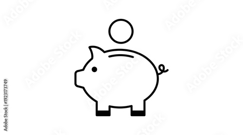 Minimalist black line art illustration of a piggy bank icon with a falling coin isolated on a white background, ideal for financial literacy content, banking app UI and investment blogs