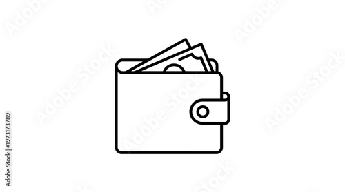 Minimalist black line art icon of a wallet with cash money notes sticking out isolated on a white background, ideal for financial planning infographics, banking apps and personal budgeting