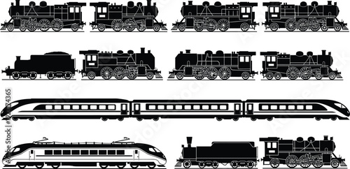 Collection of black train silhouettes including vintage steam locomotives, modern high speed passenger trains, and electric rail cars for transportation and logistics icons.