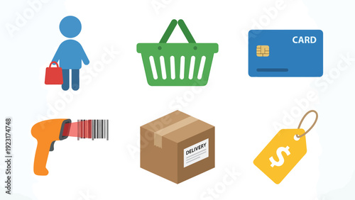 E commerce Icons Shopping Cart Person Credit Card Scanner Box Tag Vector Illustration for Online Retail and Business