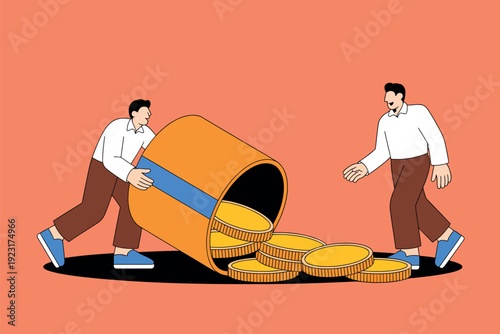 Two men struggling to carry a large piggy bank filled with gold coins on a peach background
