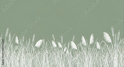 A serene landscape of cattails against a muted green background