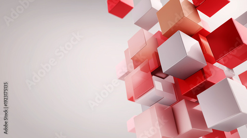 Abstract 3D Render of Glossy Red and White Geometric Cubes Floating in a Clean Minimalist Space Representing Modular Structure Technology Innovation and Organized Complexity