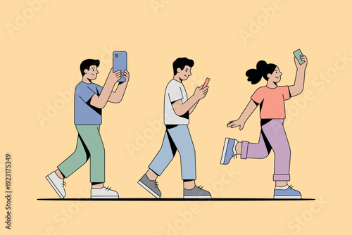 People walking and using their smartphones in a playful and carefree manner