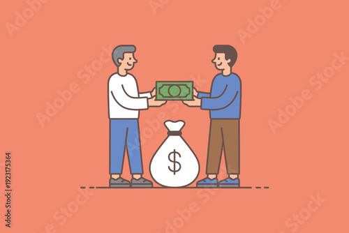 Two men exchanging money with a bag of dollars in the middle.