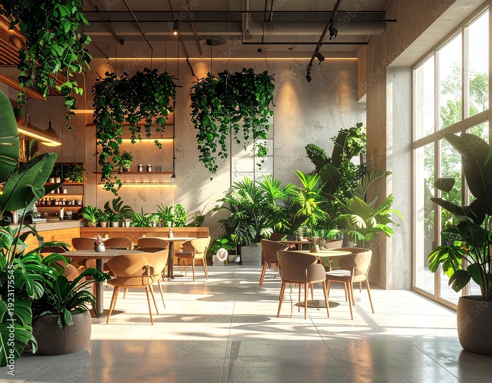 Fototapeta premium Sunlit Modern Cafe Interior with Lush Green Plants