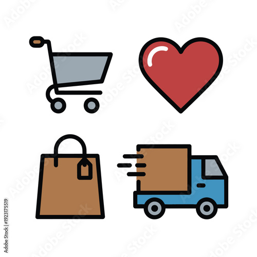 Four vector icons illustrate online shopping process from cart to.