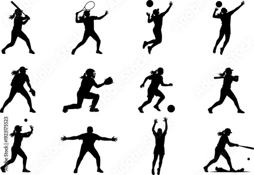 Female athlete silhouette set featuring women playing softball, baseball, tennis, and volleyball, sports action poses, training and competition, isolated vector illustration collection.