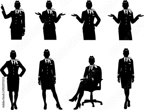 Female flight attendant silhouettes set, airline cabin crew poses, professional uniform characters, black vector illustration for aviation service, travel, hospitality concepts