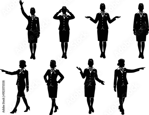 Female flight attendant silhouettes set, professional airline cabin crew gestures and poses, black vector illustration for aviation, travel service, hospitality, customer assistance concepts