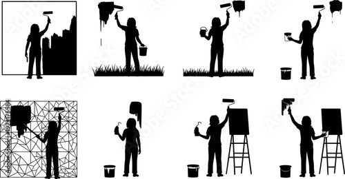 Female painter silhouette set showing woman painting walls with roller and brush, home renovation and decorating work scenes in black and white vector illustration