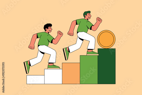 Two men in green shirts running up a bar graph to reach a gold coin