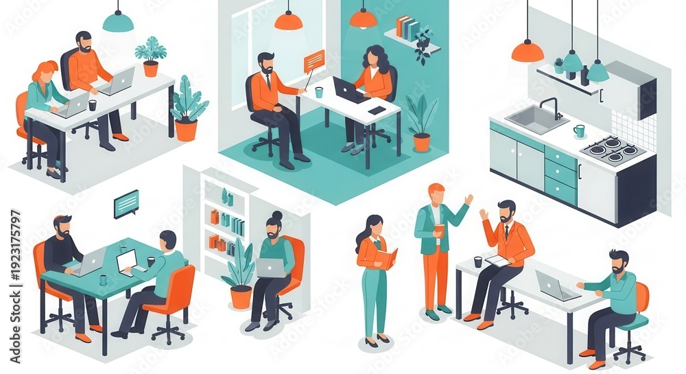 Fototapeta premium Diverse professionals collaborate and work in various functional areas of a modern office environment