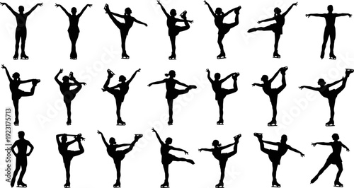 Figure skating silhouettes vector set, elegant ice skater poses collection for winter sports design, dance illustration, training graphics, and performance artwork
