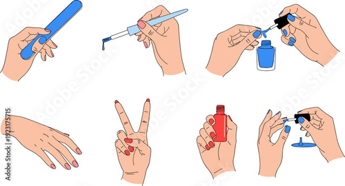 Filing, Applying Polish, Nail Care Process, and Posing with Freshly Painted Nails Vector