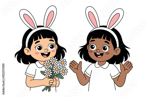 Two happy young girls wearing bunny ears and smiling at each other on a white background
